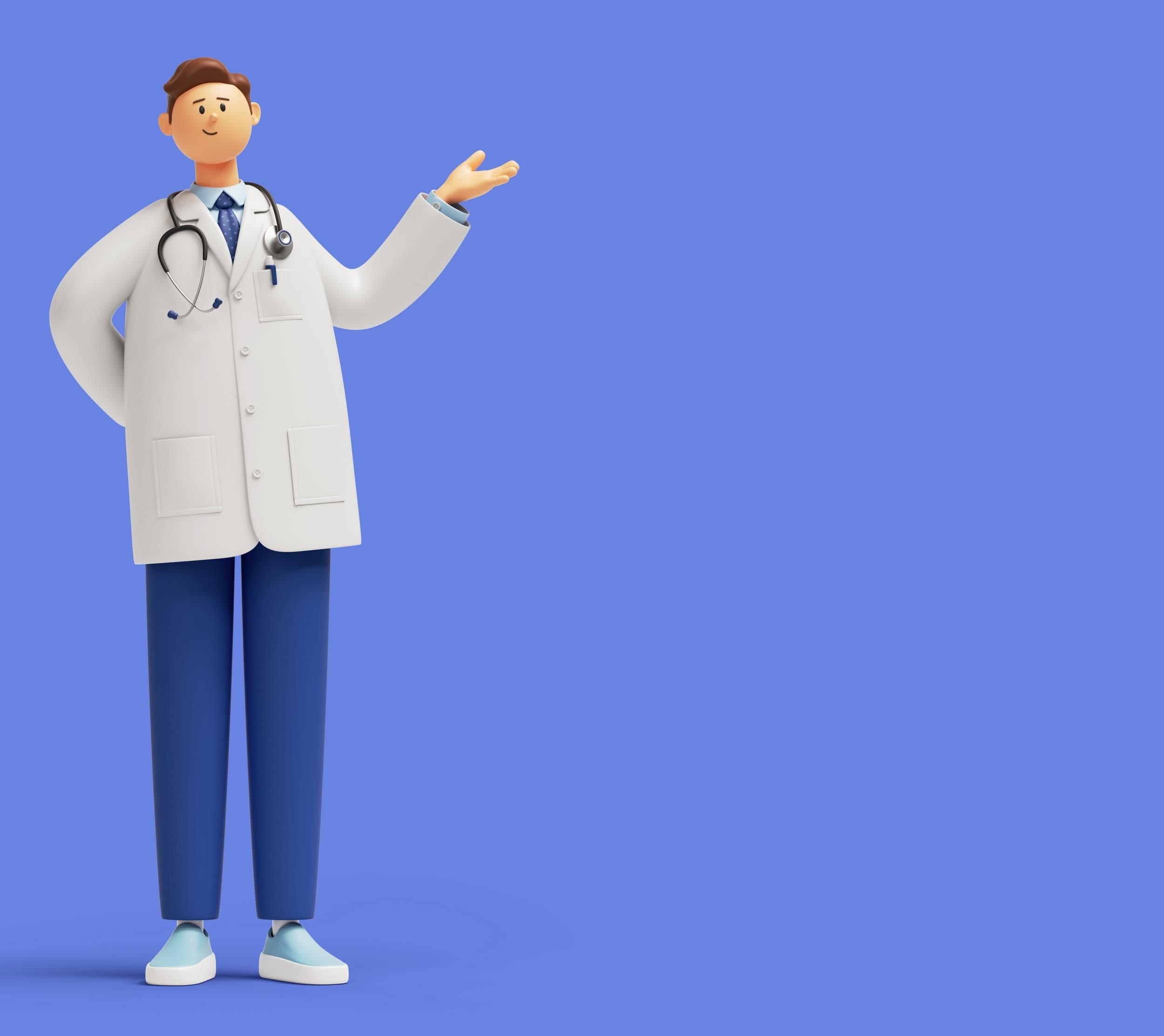 A smiling cartoon doctor with hand outstretched.