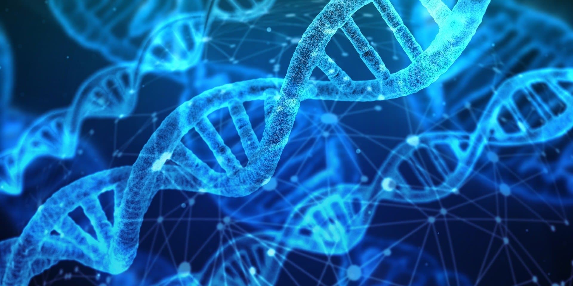Stylised graphic of a DNA strand with blue hue.